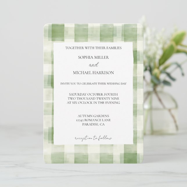 Invitation Mariage campagnard à rayures de crème verte (Debout devant)