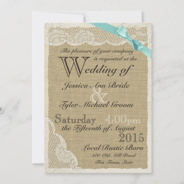 Invitation Mariage campagnard antique Lace Aqua Bow (Devant)