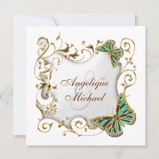 Invitation Mariage campagnard blanc d'or d'aqua (Devant)