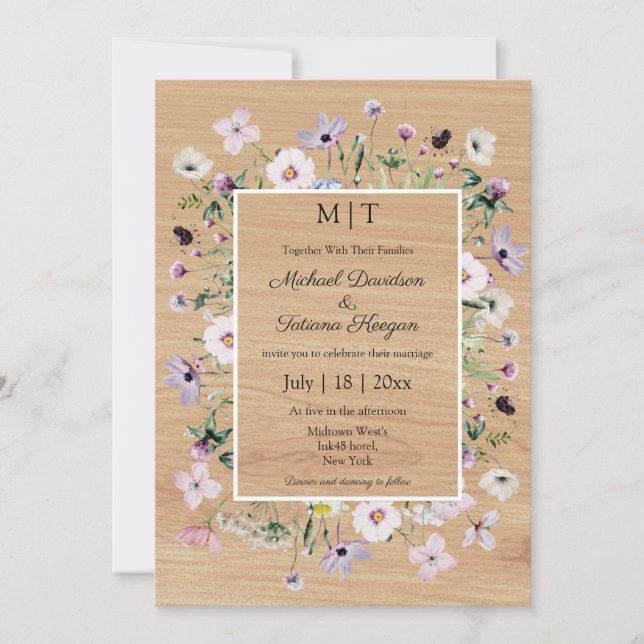 Invitation mariage campagnard de bois rustique fleur sauvage (Devant)