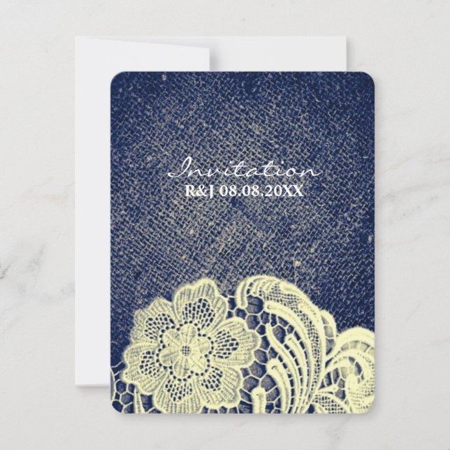 Invitation mariage campagnard de dentelle bleu marine rustiqu (Devant)