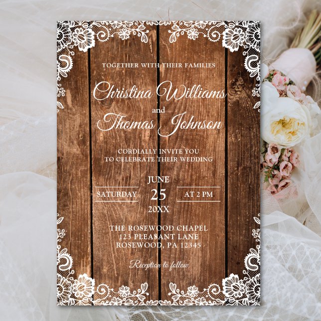 Invitation Mariage campagnard de dentelle de bois  (Créateur téléchargé)