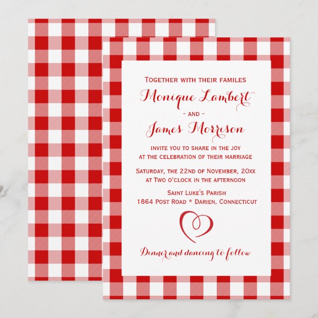 Invitation Mariage campagnard de En vichy blanc rouge rustiqu (Devant / Derrière)
