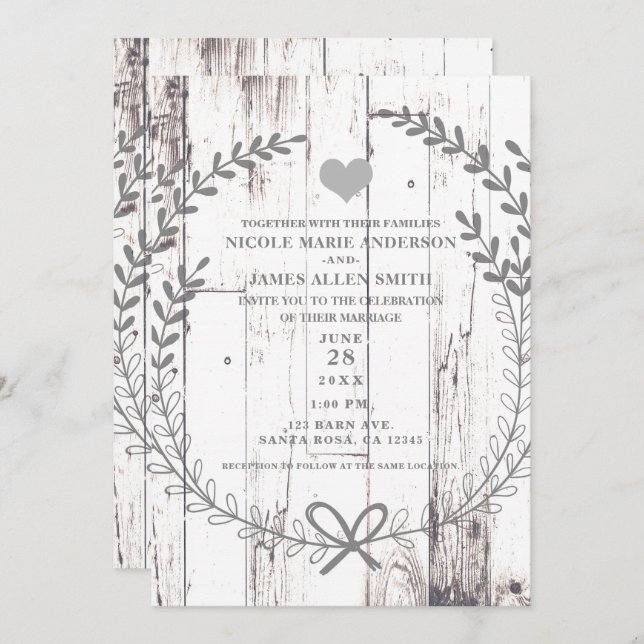 Invitation Mariage campagnard de ferme rustique en bois blanc (Devant / Derrière)