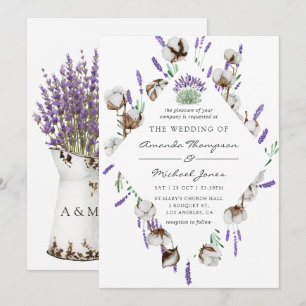 Invitation Mariage campagnard de lavande de coton d'aquarelle