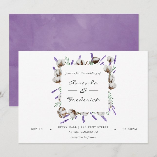 Invitation Mariage campagnard de lavande de coton d'aquarelle (Devant / Derrière)