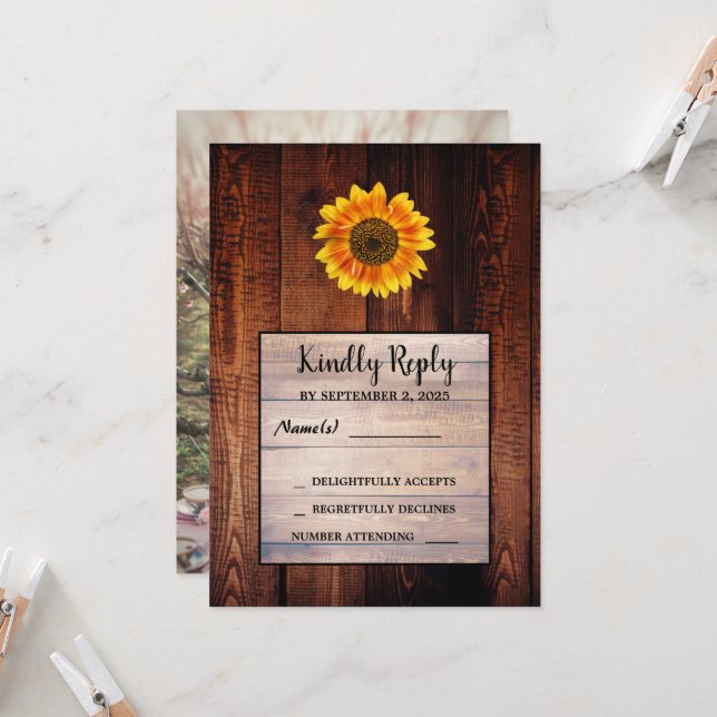 Invitation Mariage campagnard de tournesol aquarelle RSVP pho (Devant/Arrière en situation)