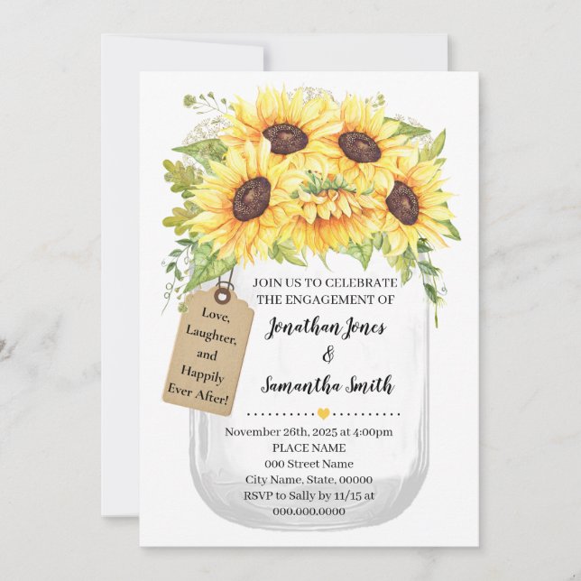 Invitation mariage campagnard de tournesols de bocal Fiançail (Devant)