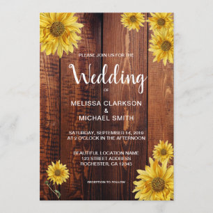 Invitation Mariage campagnard de tournesols en bois rustique