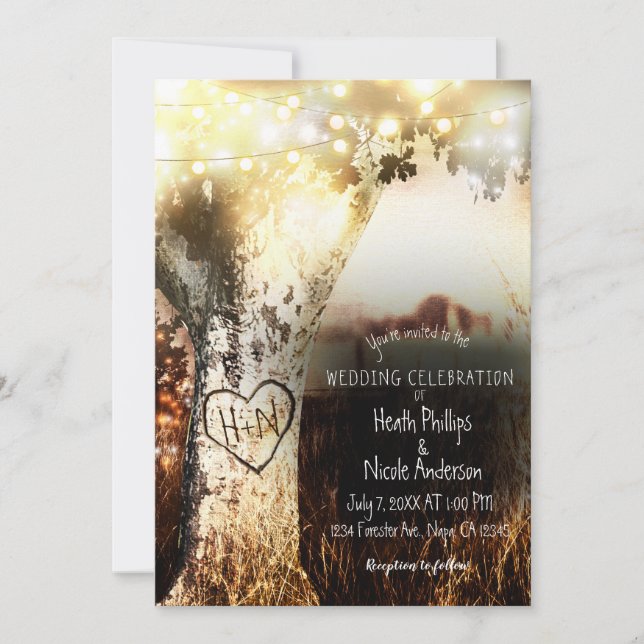 Invitation Mariage campagnard d'éclairage rustique de l'arbre (Devant)