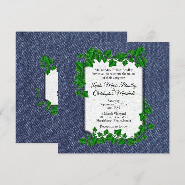 Invitation Mariage campagnard Denim 5,25 po x 5,25 (Devant / Derrière)