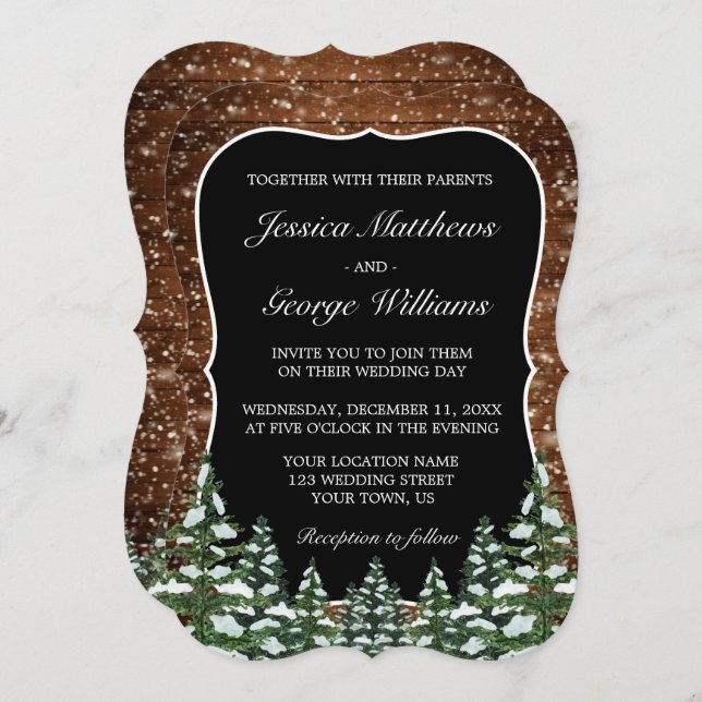 Invitation Mariage campagnard en bois et forêt noir Snowy (Devant / Derrière)