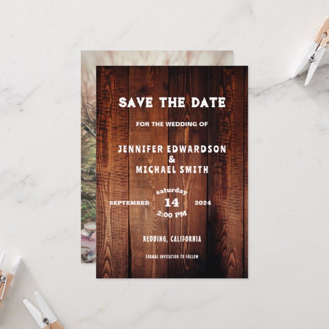 Invitation Mariage campagnard en bois rustique photo Enregist (Devant/Arrière en situation)