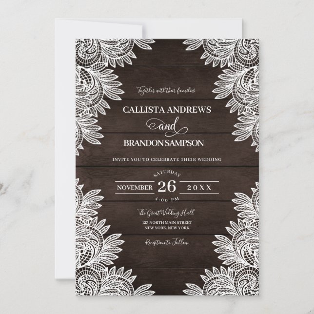 Invitation Mariage campagnard en dentelle blanche en bois Bro (Devant)