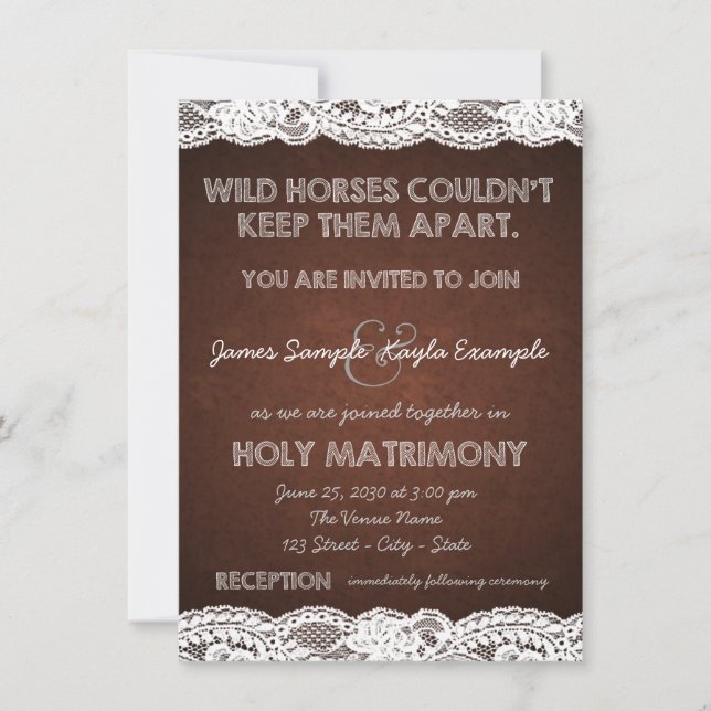 Invitation Mariage campagnard en dentelle Brown et blanche ru (Devant)