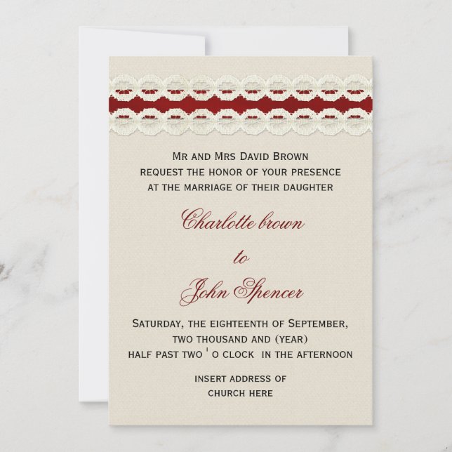 Invitation Mariage campagnard en dentelle rouge rustique (Devant)