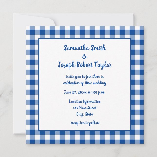 Invitation Mariage campagnard En vichy bleu profond (Devant)