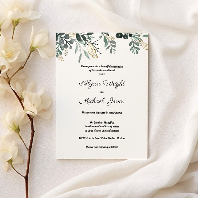 Invitation Mariage campagnard feuille d'or vert foncé botaniq (Botanic dark green gold leaves country Wedding )