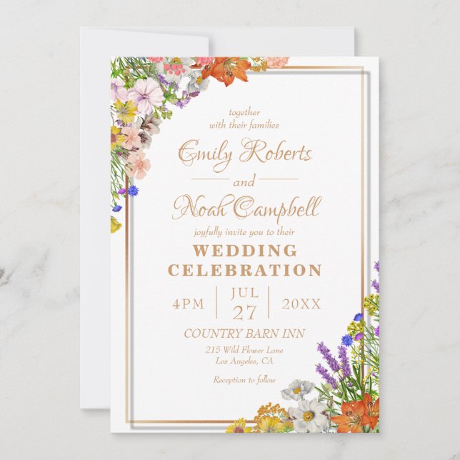 Invitation Mariage campagnard Fleur sauvage couleur or Bordur (Devant)