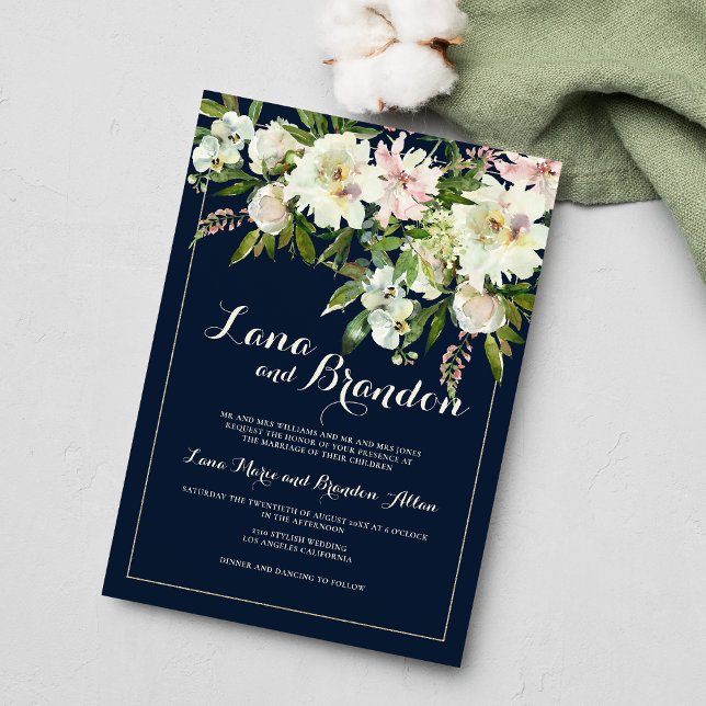 Invitation Mariage campagnard floral blanc bleu bleu marine (Navy blue green pink white floral country wedding )