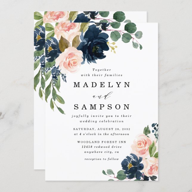 Invitation Mariage campagnard floral bleu marine et rose pale