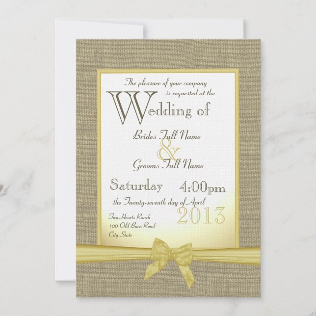 Invitation Mariage campagnard jaune Burlap and Bow 5x7 (Devant)