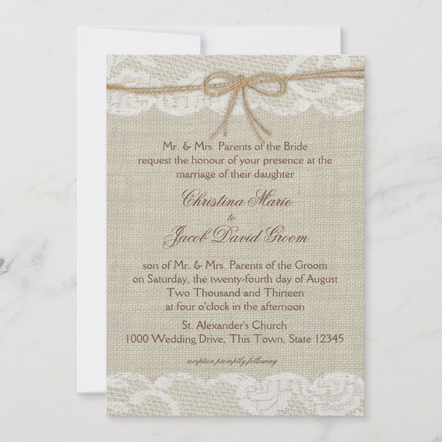 Invitation Mariage campagnard Lace et Burlap (Devant)