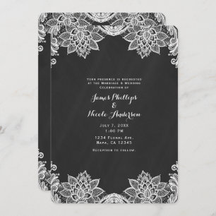 Invitation Mariage campagnard noir dentelle blanche florale