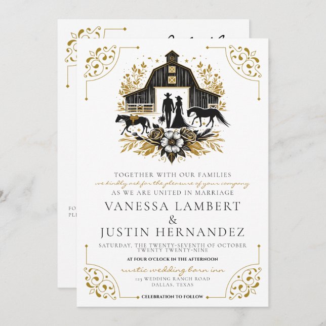 Invitation Mariage campagnard noir et or avec code QR (Devant / Derrière)
