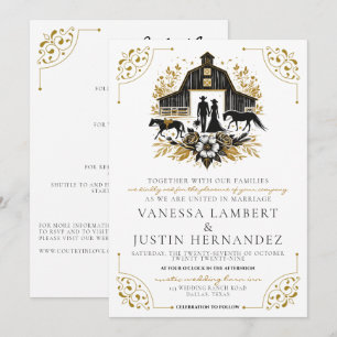Invitation Mariage campagnard noir et or avec détails
