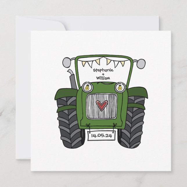 Invitation Mariage campagnard personnalisé Green Tractor Soir (Devant)