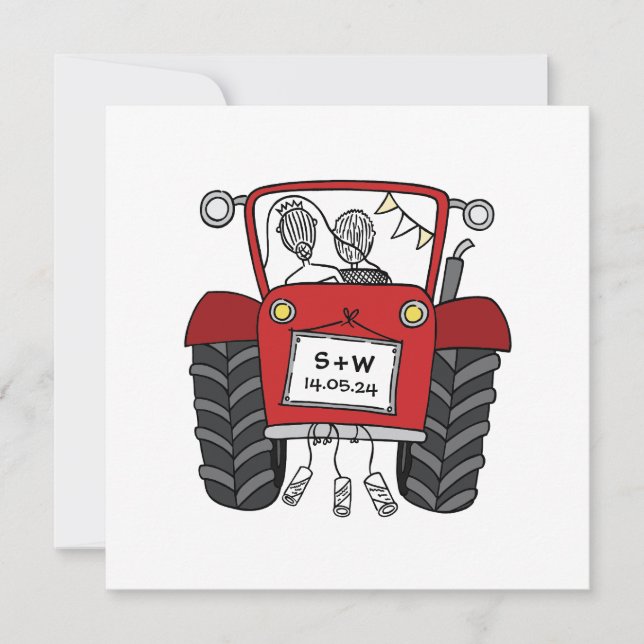 Invitation Mariage campagnard personnalisé Rouge Tracteur Soi (Devant)