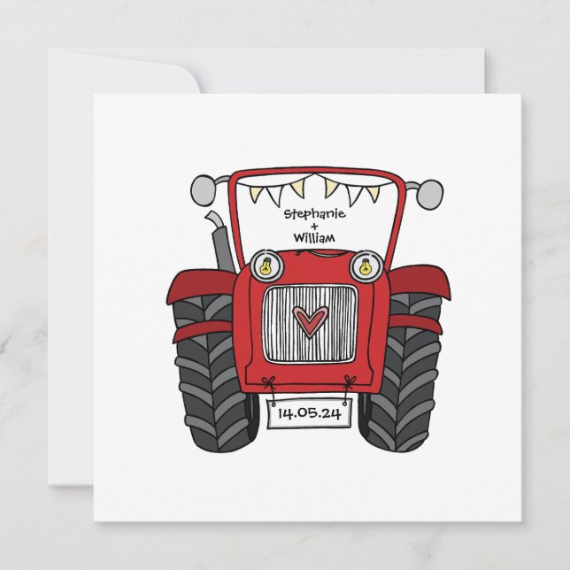 Invitation Mariage campagnard personnalisé Rouge Tracteur Soi (Devant)