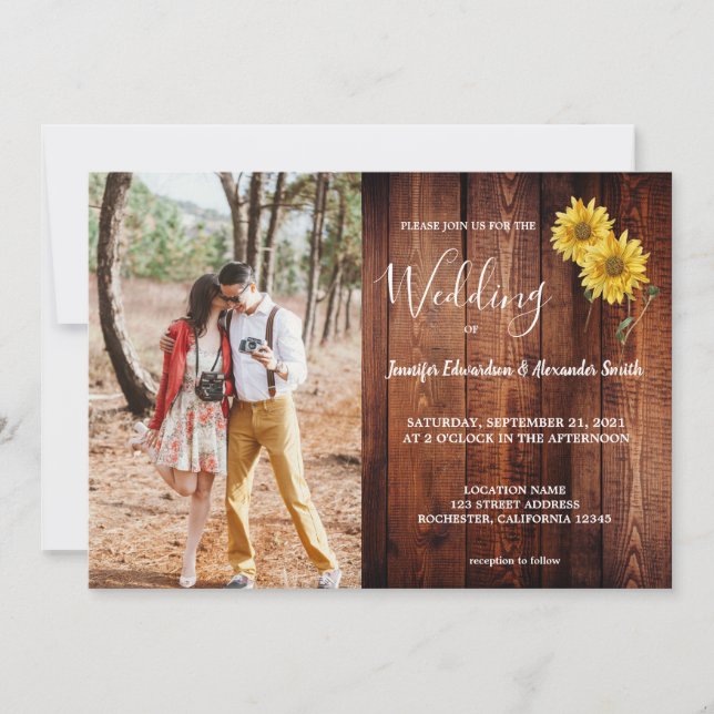 Invitation mariage campagnard photo de tournesol en bois de g (Devant)
