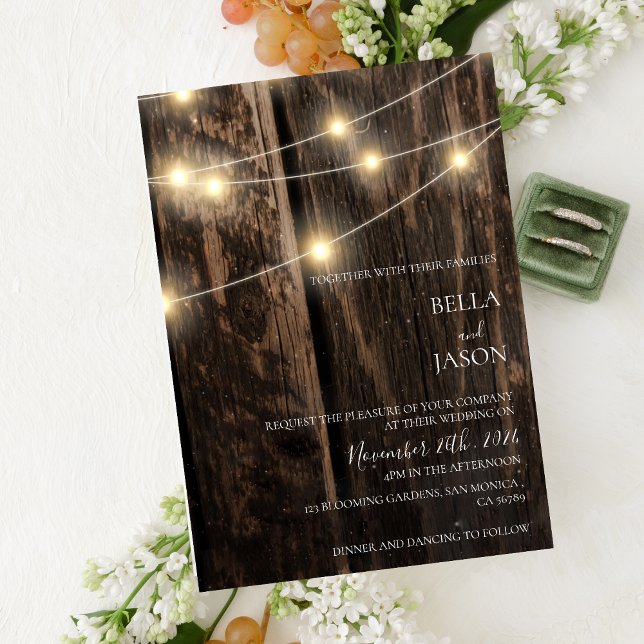 Invitation Mariage campagnard Rustique à cordes de bois (Rustic Barn Wood String Lights Country Wedding Invitation)