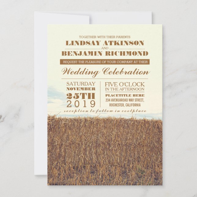 Invitation mariage campagnard rustique à la paille (Devant)