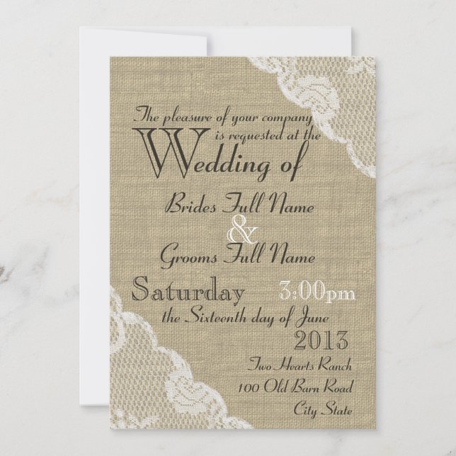 Invitation Mariage campagnard Rustique Burlap et dentelle (Devant)
