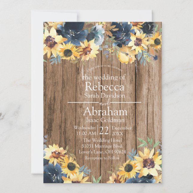 Invitation Mariage campagnard rustique de tournesol en bois (Devant)