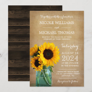Invitation Mariage campagnard rustique de tournesol Mason Jar