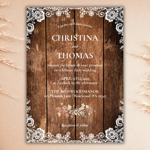 Invitation Mariage campagnard rustique en bois et dentelle