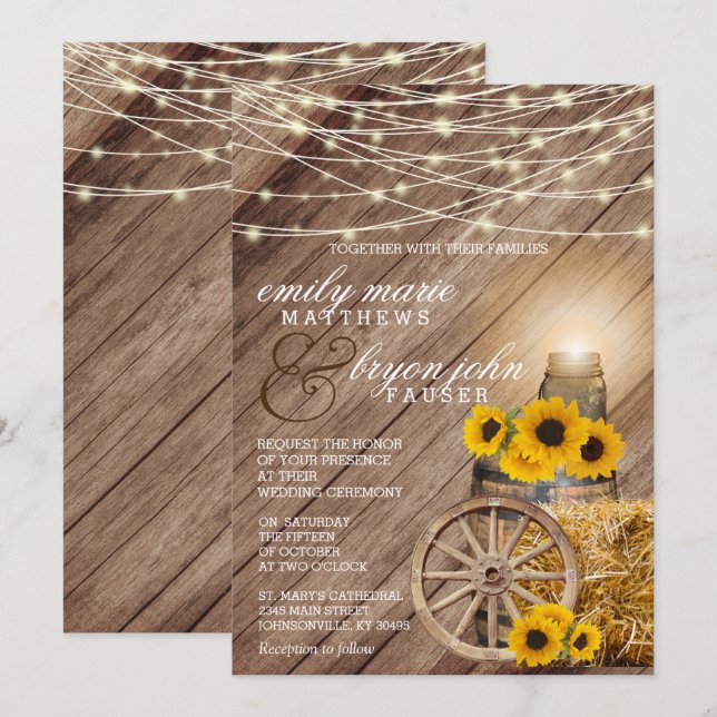 Invitation Mariage campagnard rustique et tournesols (Devant / Derrière)