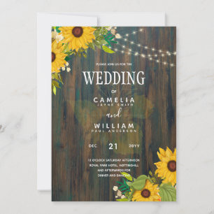 Invitation Mariage campagnard Rustique Fleurs de soleil en bo
