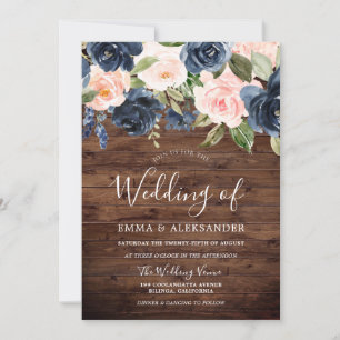 Invitation Mariage campagnard rustique Marine & Fleurs de Flu