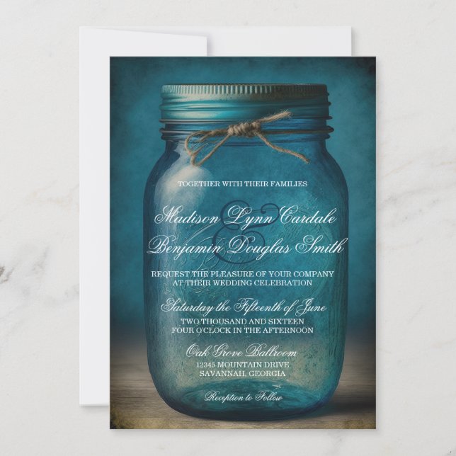 Invitation Mariage campagnard rustique Mason bleu Mason Jar (Devant)