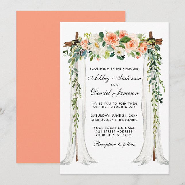 Invitation Mariage Canopy Arch Aquarelle Coral Floral (Devant / Derrière)