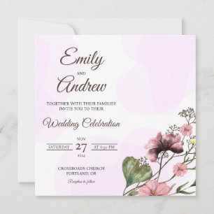 Invitation Mariage carré aquarelle fleur sauvage rose poussié
