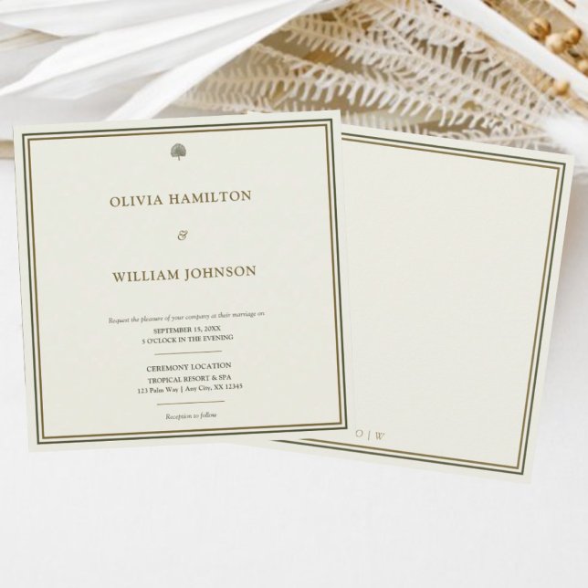 Invitation Mariage Carré classique ivoire et or (Minimalist ivory & gold wedding invite with monogram back — refined & timeless design.)