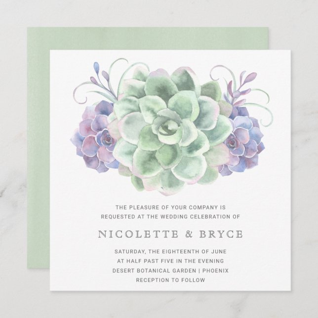 Invitation Mariage Carré de bouquet Succulent vert et violet (Devant / Derrière)