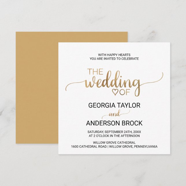 Invitation Mariage Carré de calligraphie or simple (Devant / Derrière)