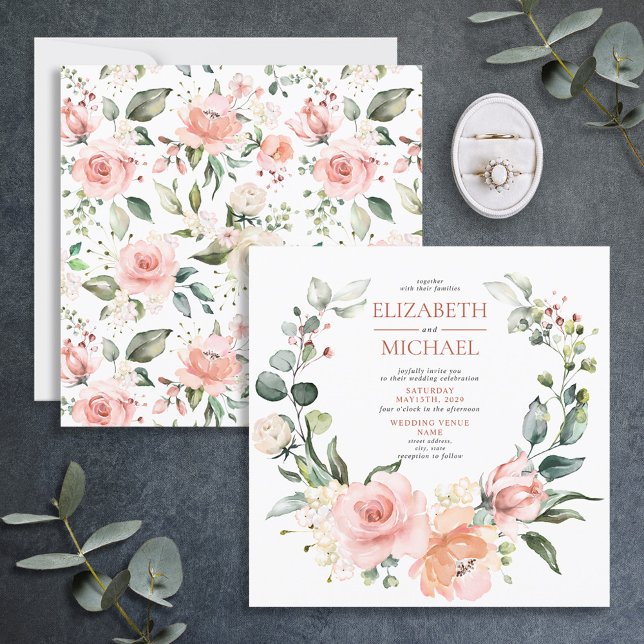 Invitation Mariage carré de  de fleurs rose cuivre (Créateur téléchargé)